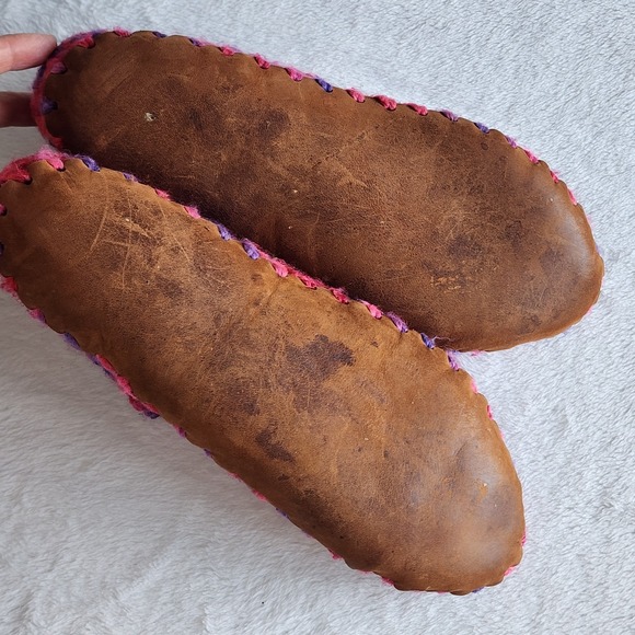 Wool Crochet Slippers Leather Sole Womens Medium Sherpa Wool Lined Cosy Winter - Picture 6 of 13